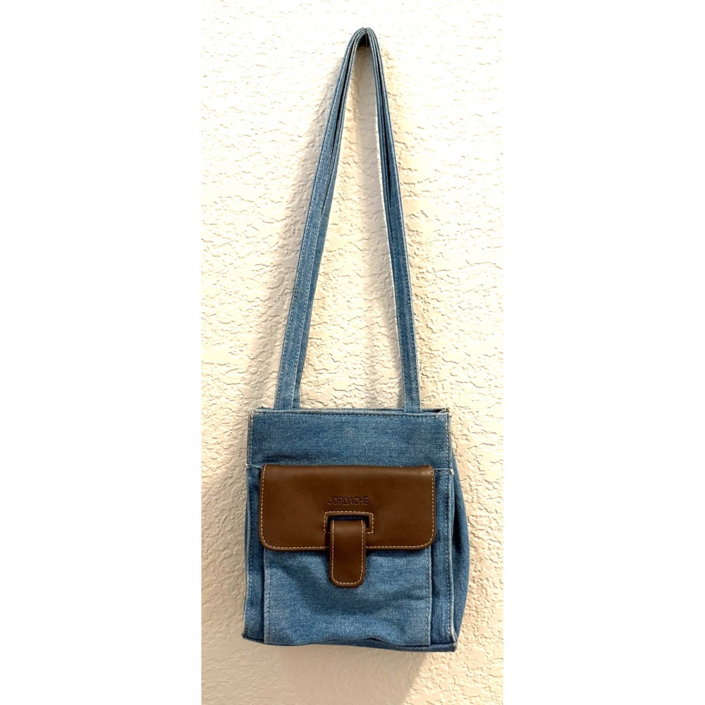 Jordache Denim Jean Bag Purse Brown Faux Leather Flap 8"x8" "